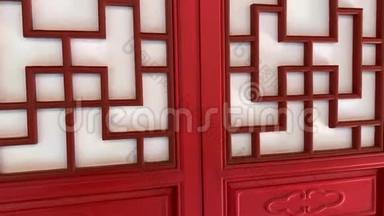 中国风格的红色木制雕刻装饰门，亚洲传统装饰家居、墙壁和门